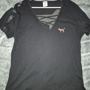 PINK Victoria's Secret Black V-Neck Tee with Pink Dog Logo